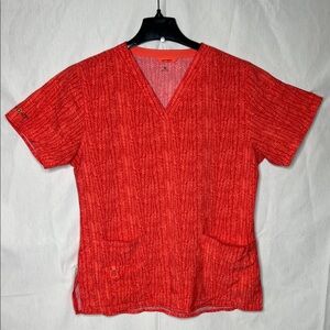 Carhartt Force Womens Scrub‎ Top Medium Orange Red Herringbone V-Neck Medical